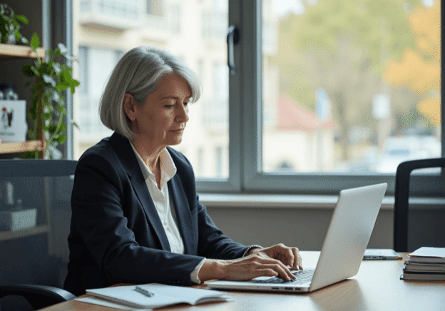 A school administrator in a dark blazer works on a laptop beside a large window.